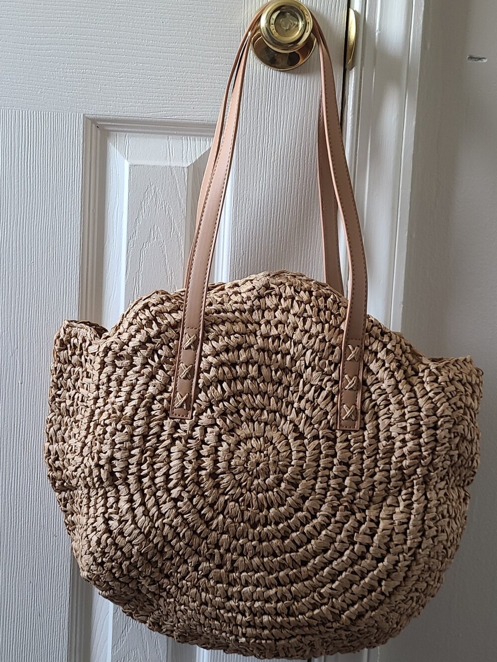 Neutral Straw Woven Tote Bag with Faux-Leather Straps